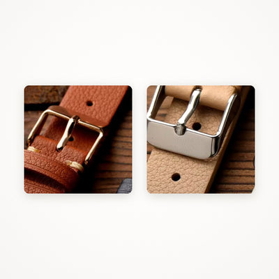 Gold and polished steel pin buckle finishes for a bespoke watch strap
