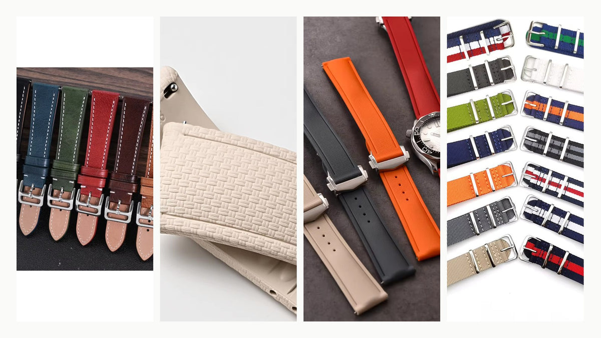 Leather, rubber, FKM and nylon watch straps shown side by side for comparison