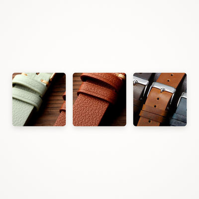 Close-up of the hand-stitched keeper and leather grain on a made-to-order watch strap