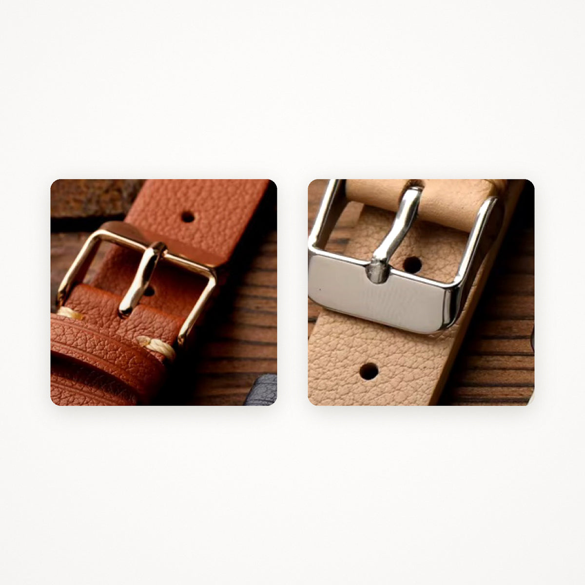 Gold and polished steel pin buckle finishes for a bespoke watch strap