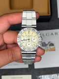 Bvlgari Diagono CH 35 S automatic chronograph with ivory dial, held in hand with its box and papers