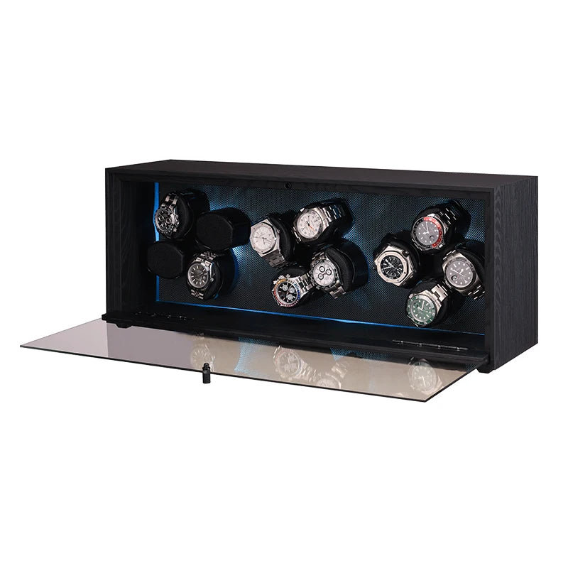 Embers Automatic Watch Winder - 12 slots, black wood grain with RGB light