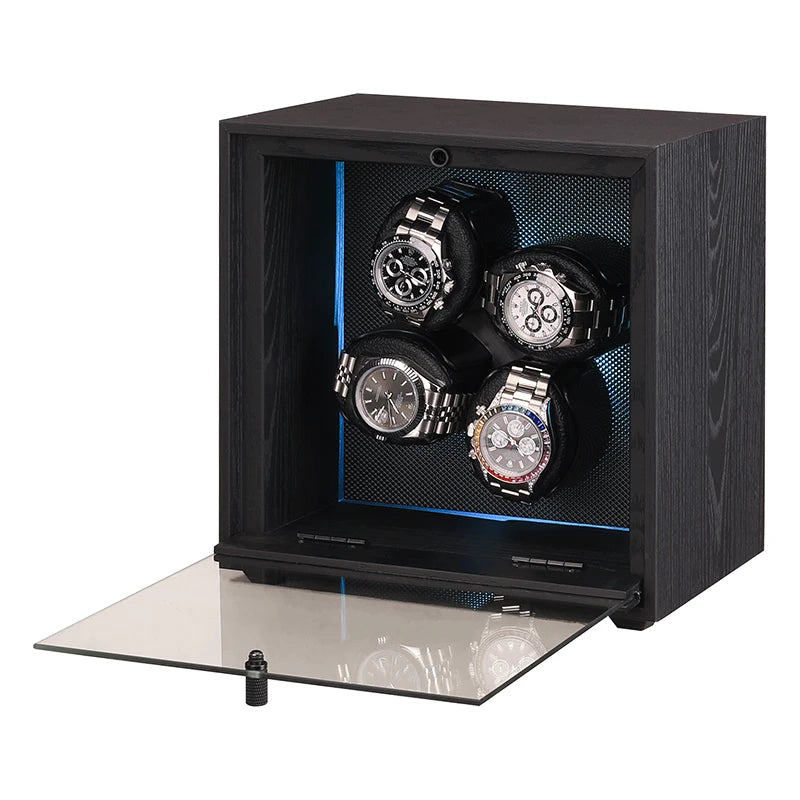 Embers Automatic Watch Winder - 4 slots, black wood grain with RGB light