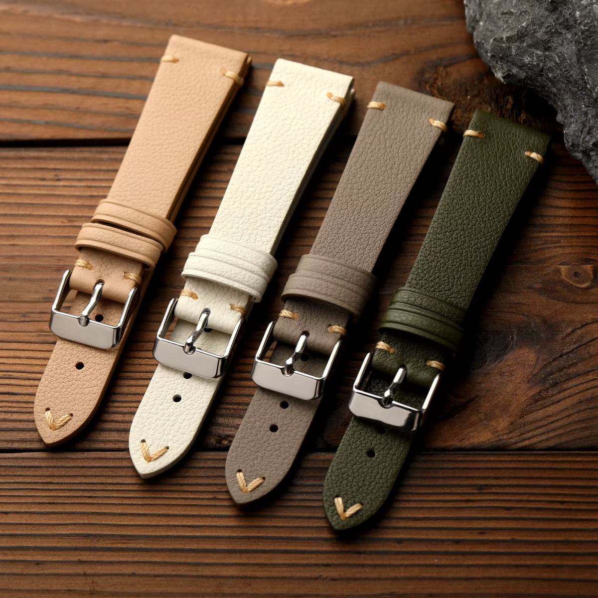 French goat leather watch straps in beige, ivory, taupe and olive green with polished pin buckles