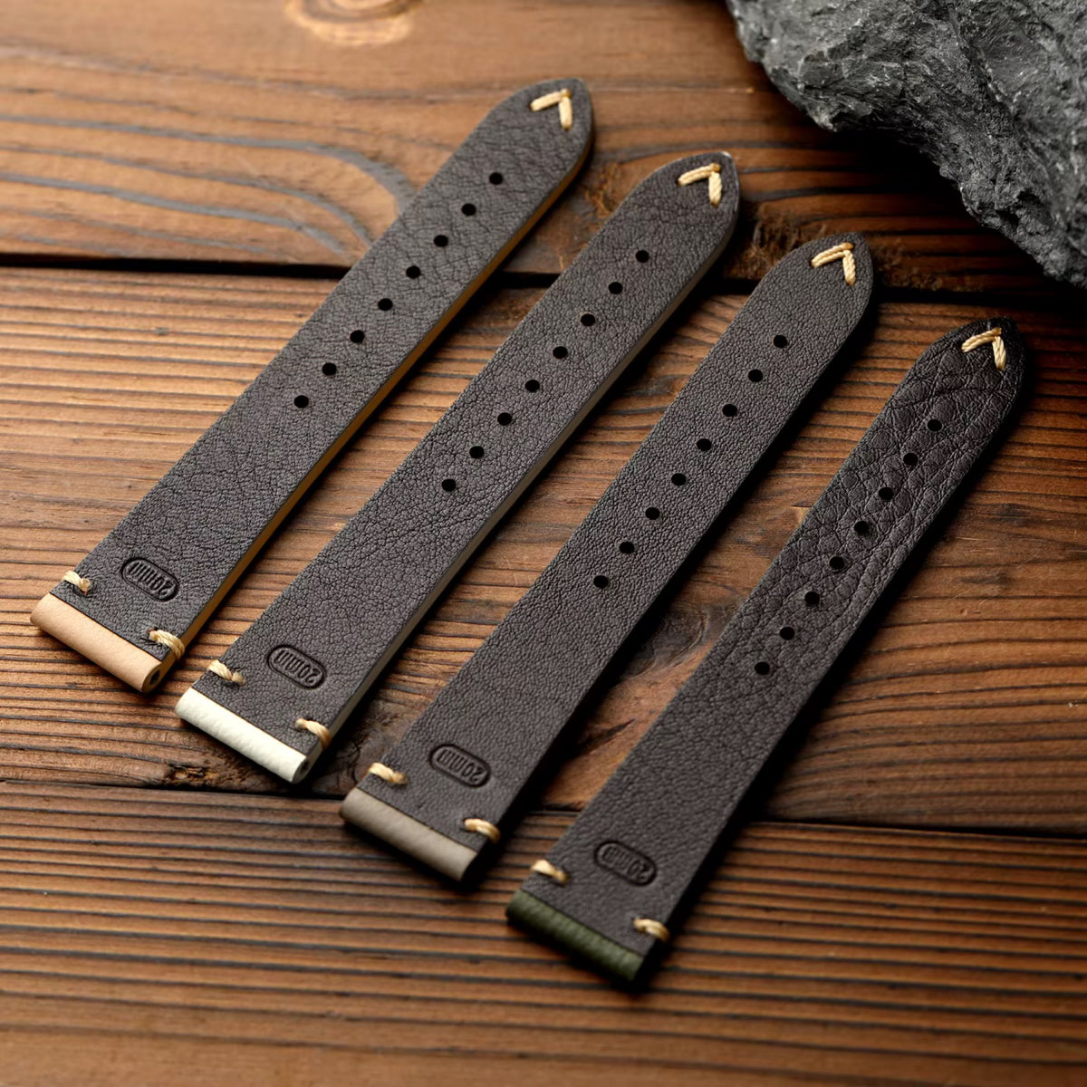 Underside of the French goat leather watch straps showing 20mm stamp and hand stitching