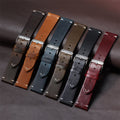 Vintage oil wax leather watch straps in six colours: brown, tan, blue, green, black and red