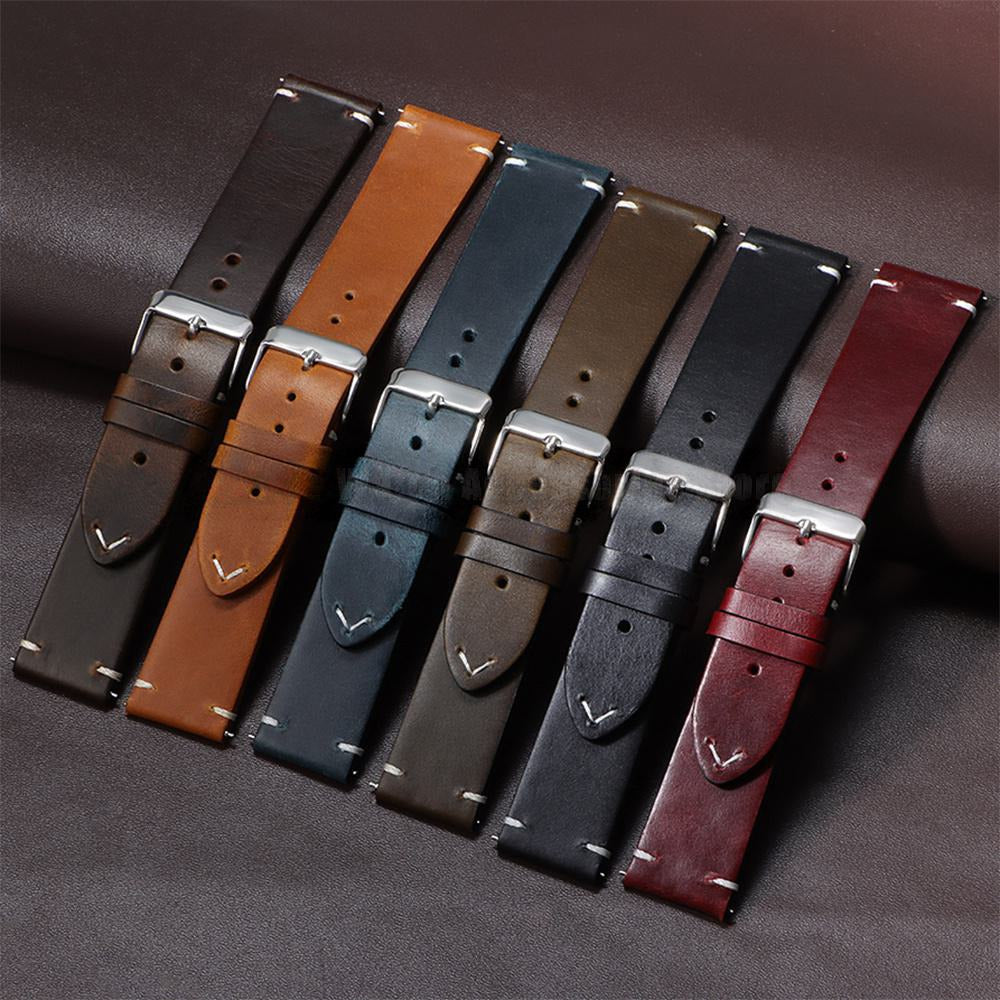 Vintage oil wax leather watch straps in six colours: brown, tan, blue, green, black and red