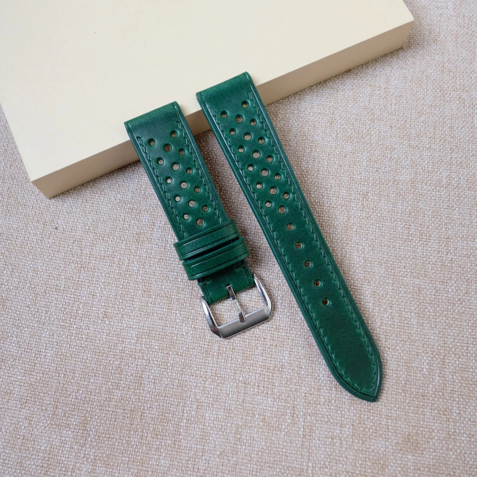 Blue racing rally watch strap with lime green accents, perforated Buttero leather