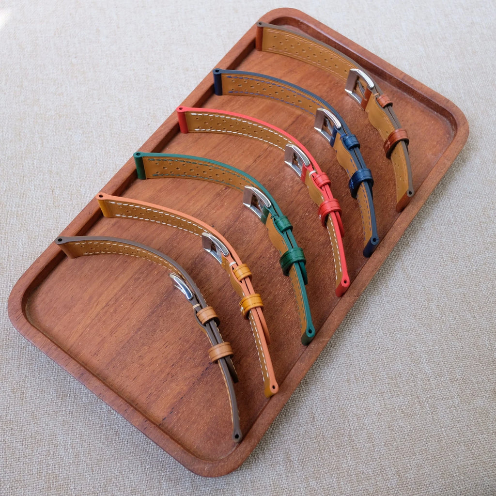 Racing rally leather watch straps in multiple colours including blue, made to order