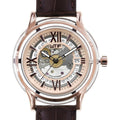 Rose gold sapphire crystal skeleton automatic watch with dark brown Italian leather strap, front view