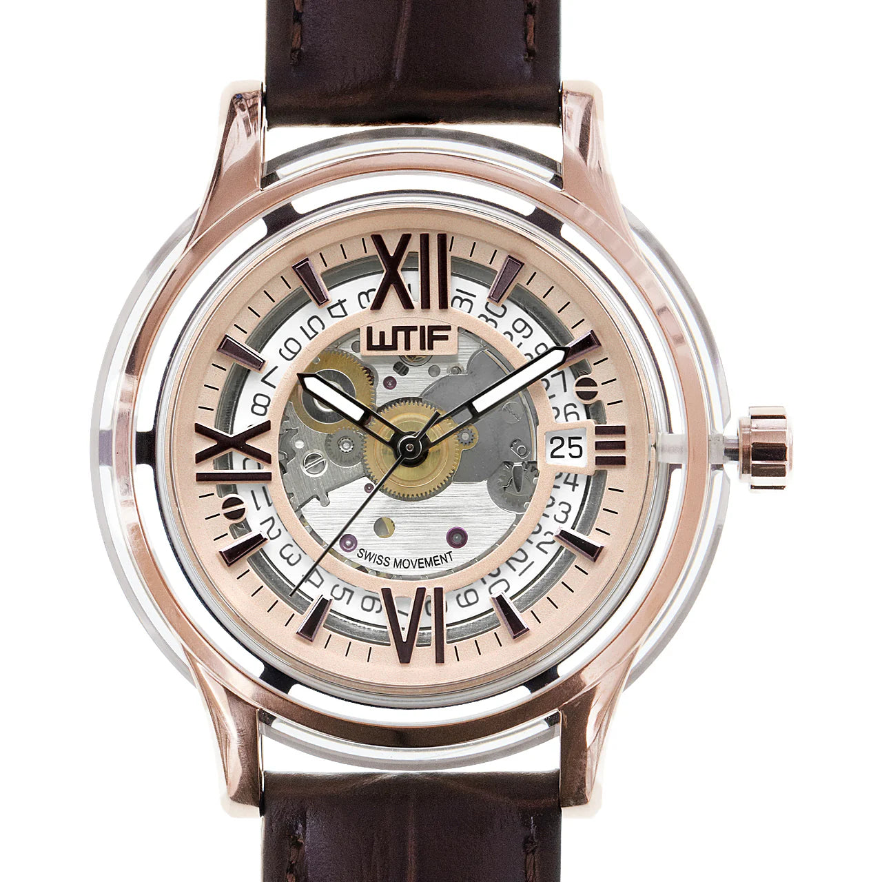 Rose gold sapphire crystal skeleton automatic watch with dark brown Italian leather strap, front view