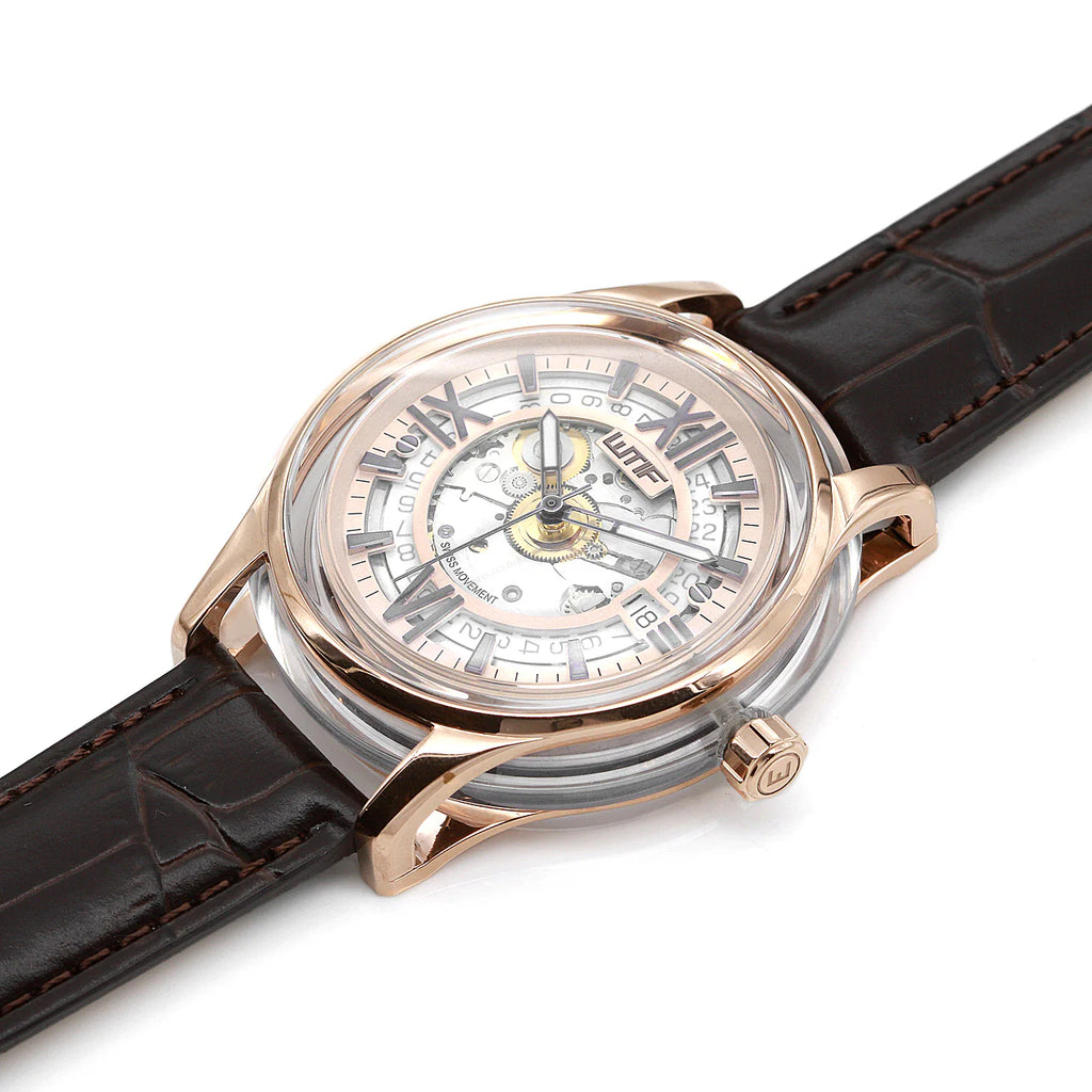 Rose gold skeleton automatic watch, angled view showing exhibition dial and case