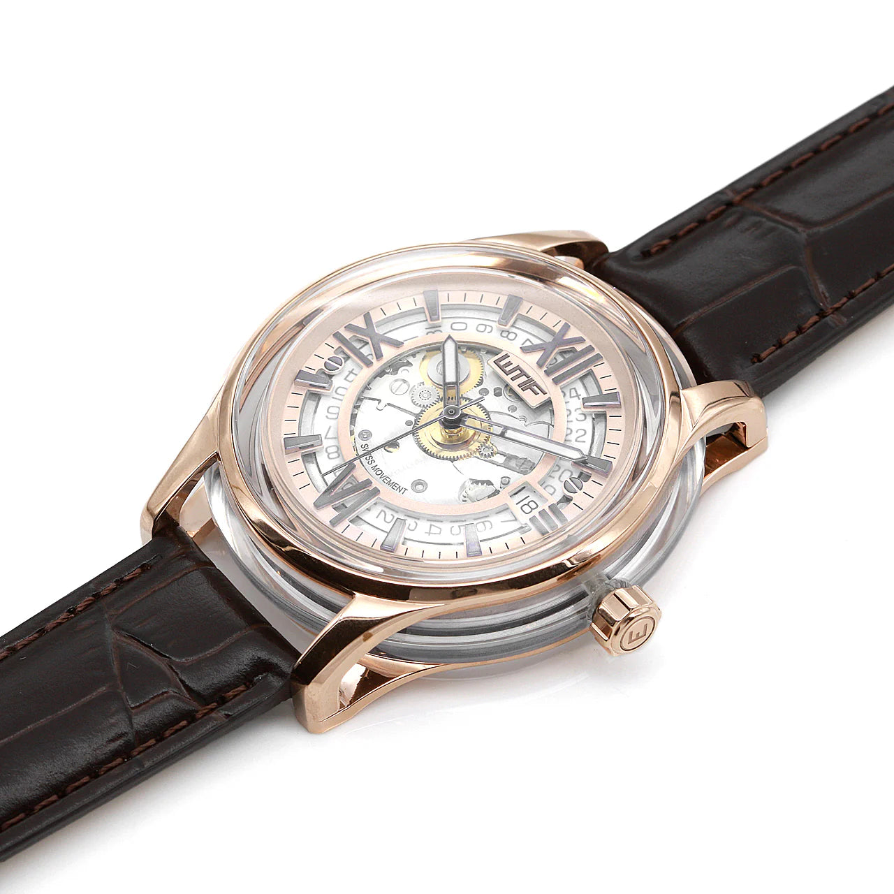 Rose gold skeleton automatic watch, angled view showing exhibition dial and case