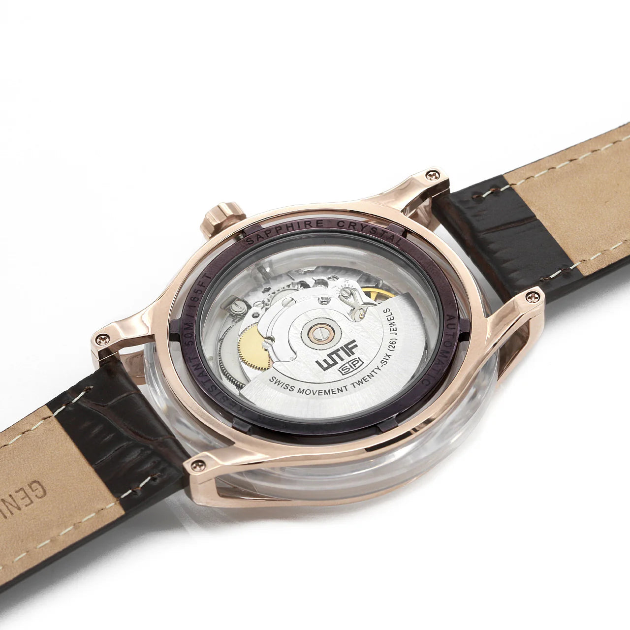Exhibition caseback showing Swiss automatic movement and sapphire crystal
