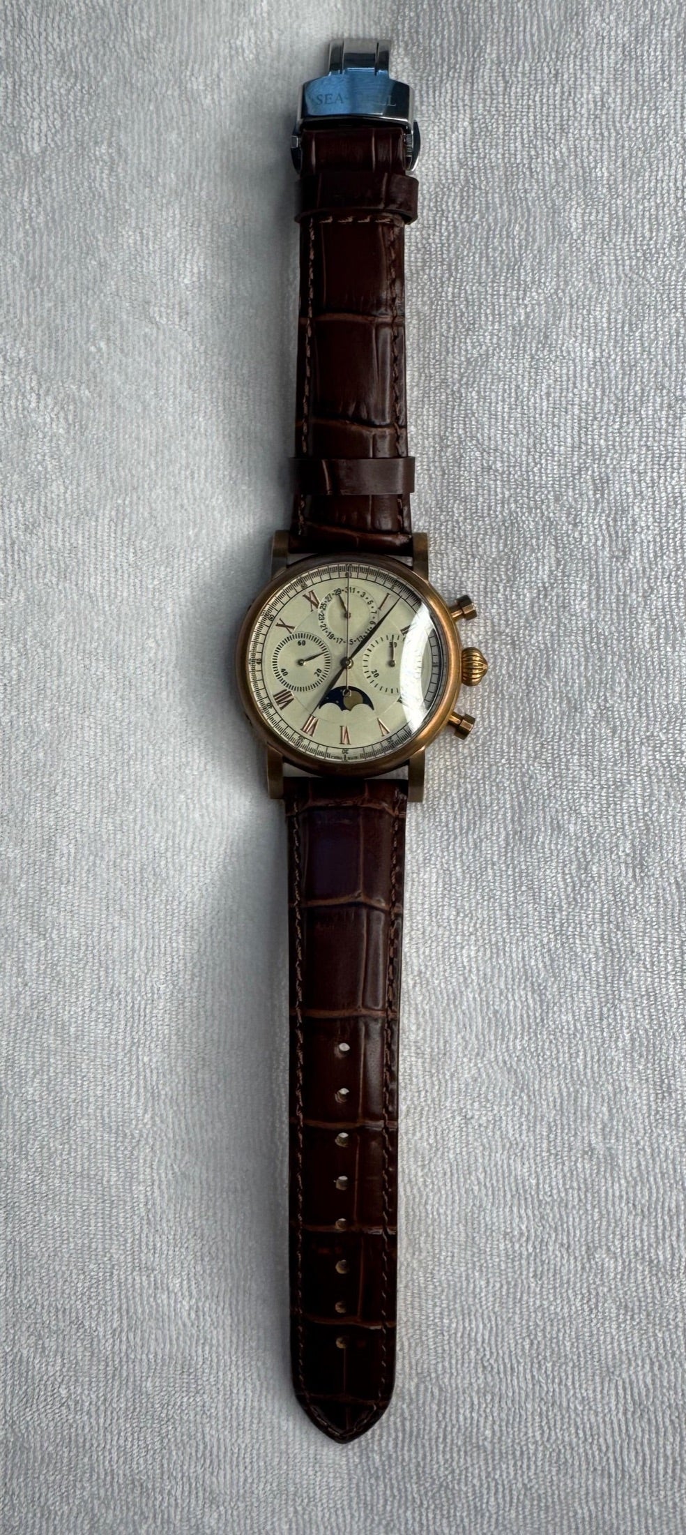 Full view of the Sea-Gull moon phase chronograph on its brown alligator-grain strap with signed Sea-Gull deployant clasp