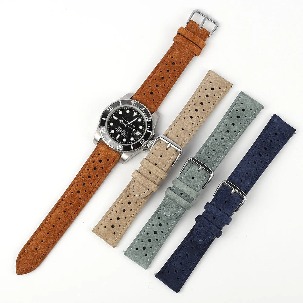 Suede rally watch strap shown on a diver watch with colour options