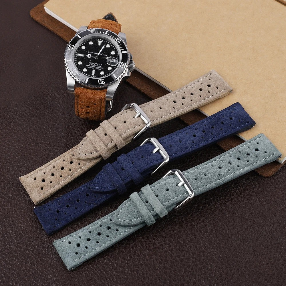 Brown, navy and grey suede rally watch straps