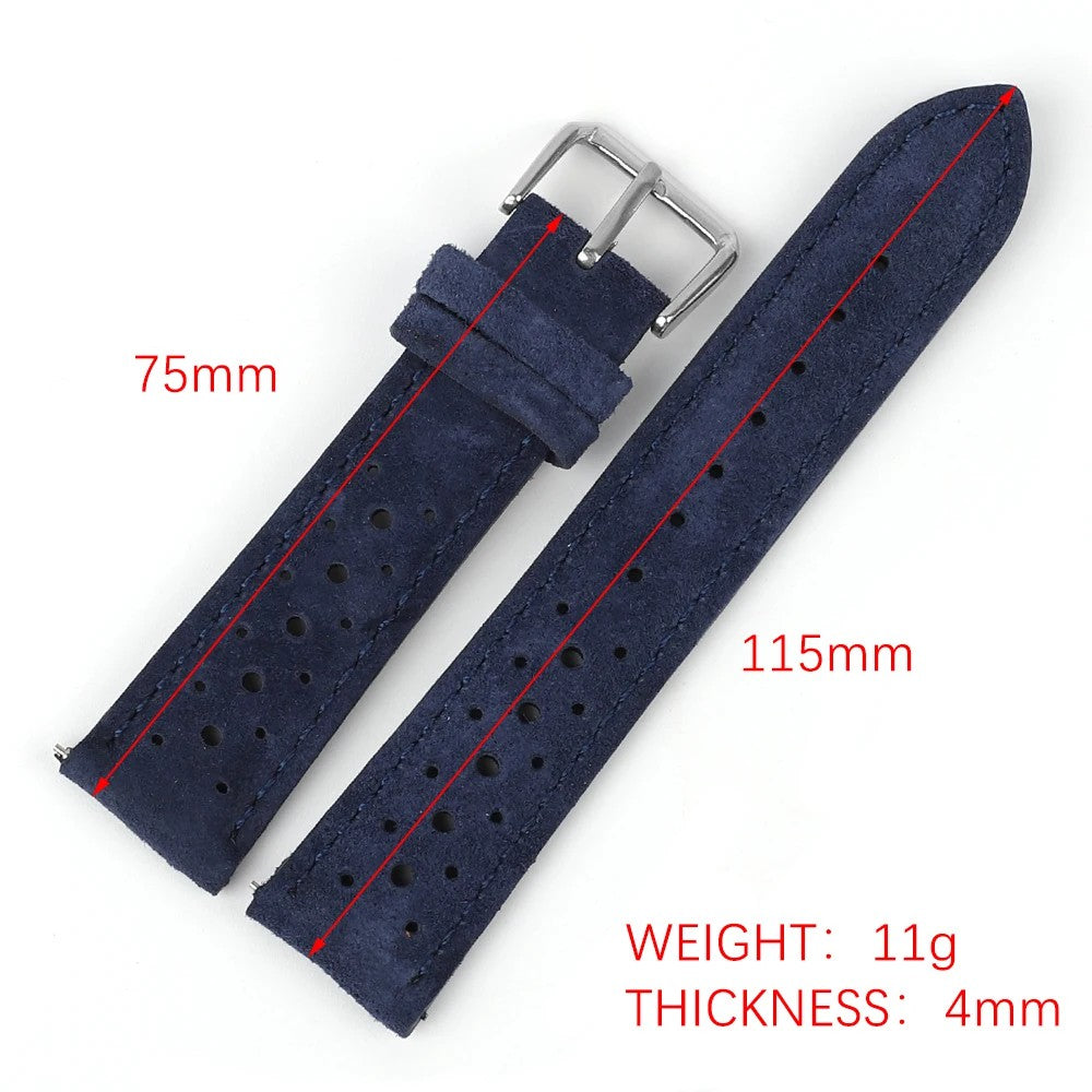 Navy suede rally watch strap with red stitching, 4mm thick